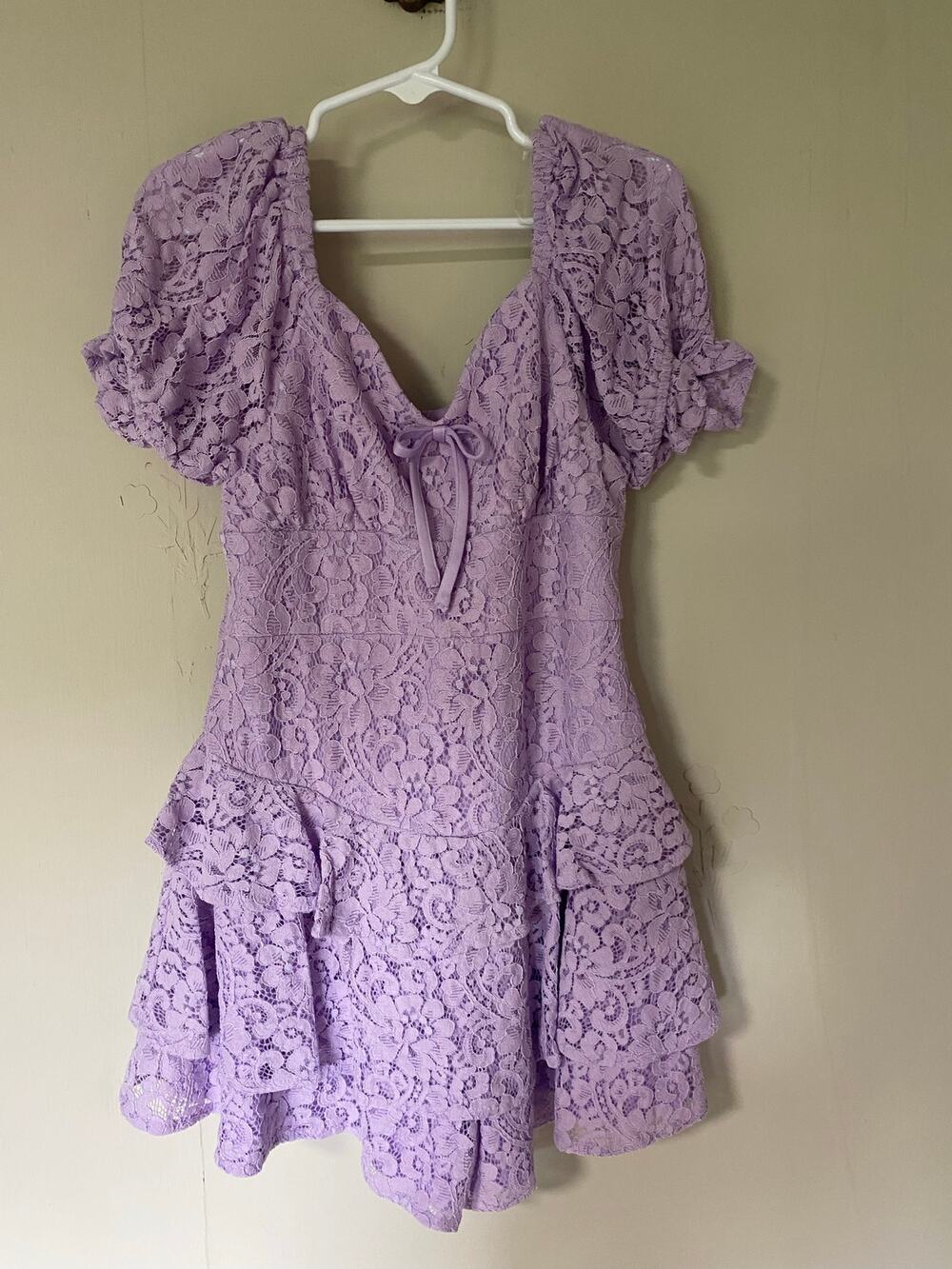 Rare Editions Lilac All Over Lace Romper with Ruched Bodice Milkmaid Coquette 8